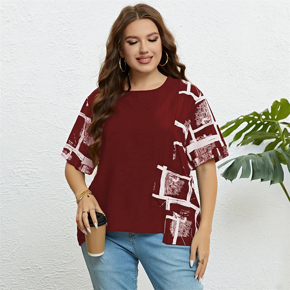 GIBSIE Plus Size Patch Pocket Loose Print T Shirt Women Summer New Fashion Korean O-Neck Short Sleeve Female Casual Tops 2023