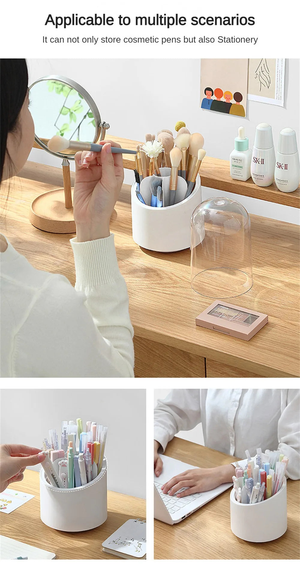 Desktop Makeup Brush Storage Bucket Cup Holder With Lid Rotating Makeup Lipstick Cosmetic Storage Box Organizer Tube Transparent