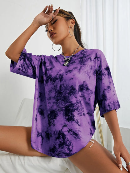 Tie-dyed round neck T-shirt, spring and summer casual sports short-sleeved top, women's clothing, quick-drying