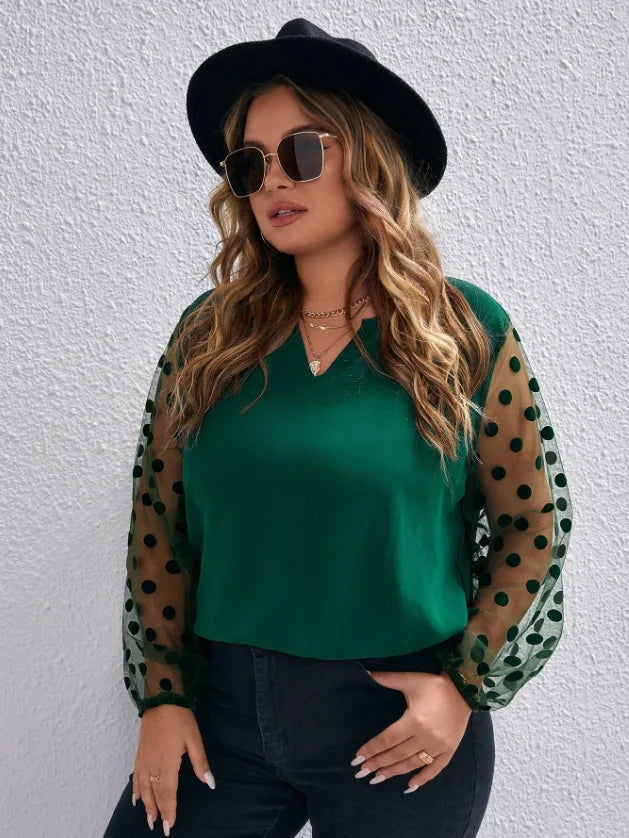 GIBSIE Plus Size Notch Neck Polka Dot Mesh Sleeve Blouse Women 2023 Winter New Black Elegant Office Ladies Tops and Blouses