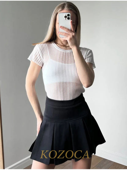 Kozoca 100% Wool Chic White Elegant Striped See Through Women Tops Outfits Short Sleeve T-Shirts Tees Skinny Club Party Clothes