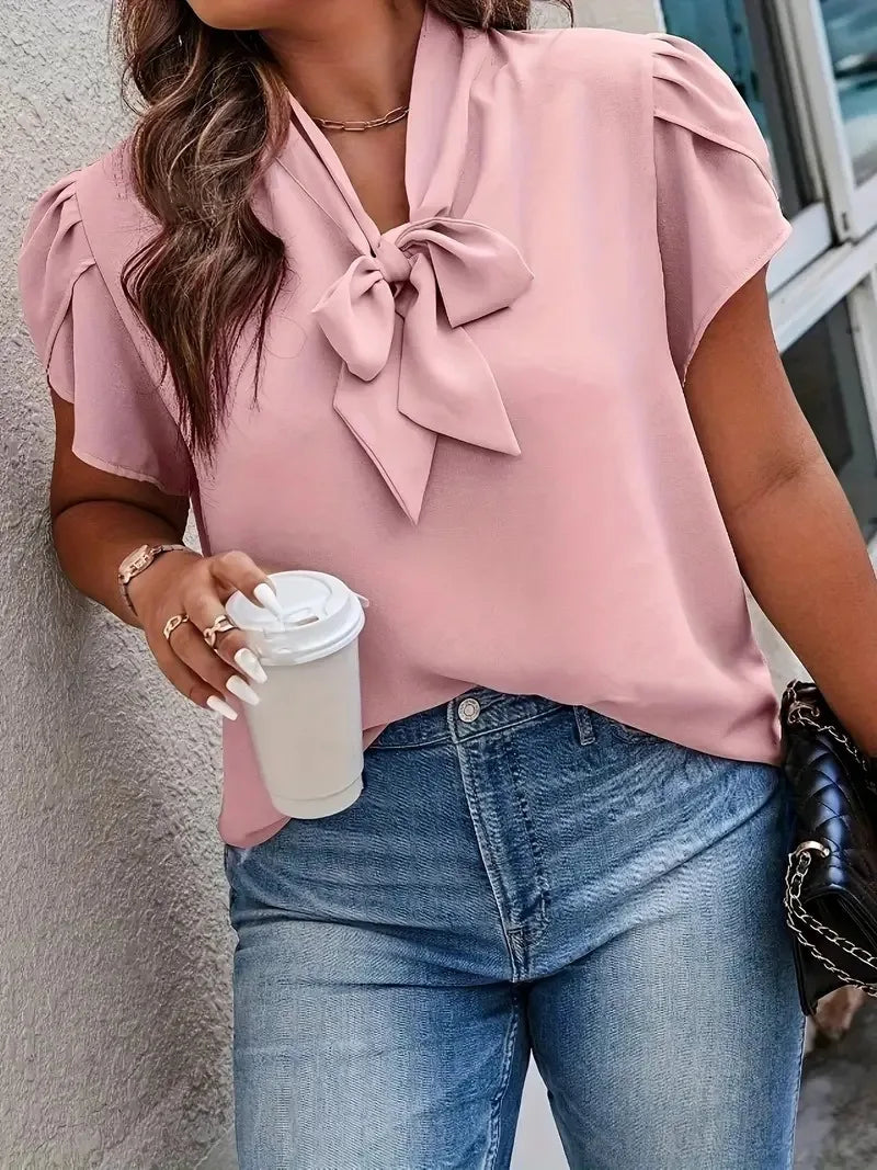 GIBSIE Plus Size Bow Tie Neck Petal Sleeve Top Blouse Women Summer 2024 Solid Elegant Office Ladies Korean Casual Shirt Blouses