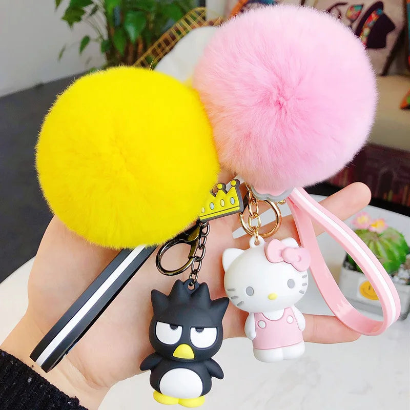 Hello Kitty Sanrio Kuromi Penguin Frog Dog Cat Cute Keychains with Fluffy Rabbit Fur Ball Women Girl Bag Pendant Keyring Gifts