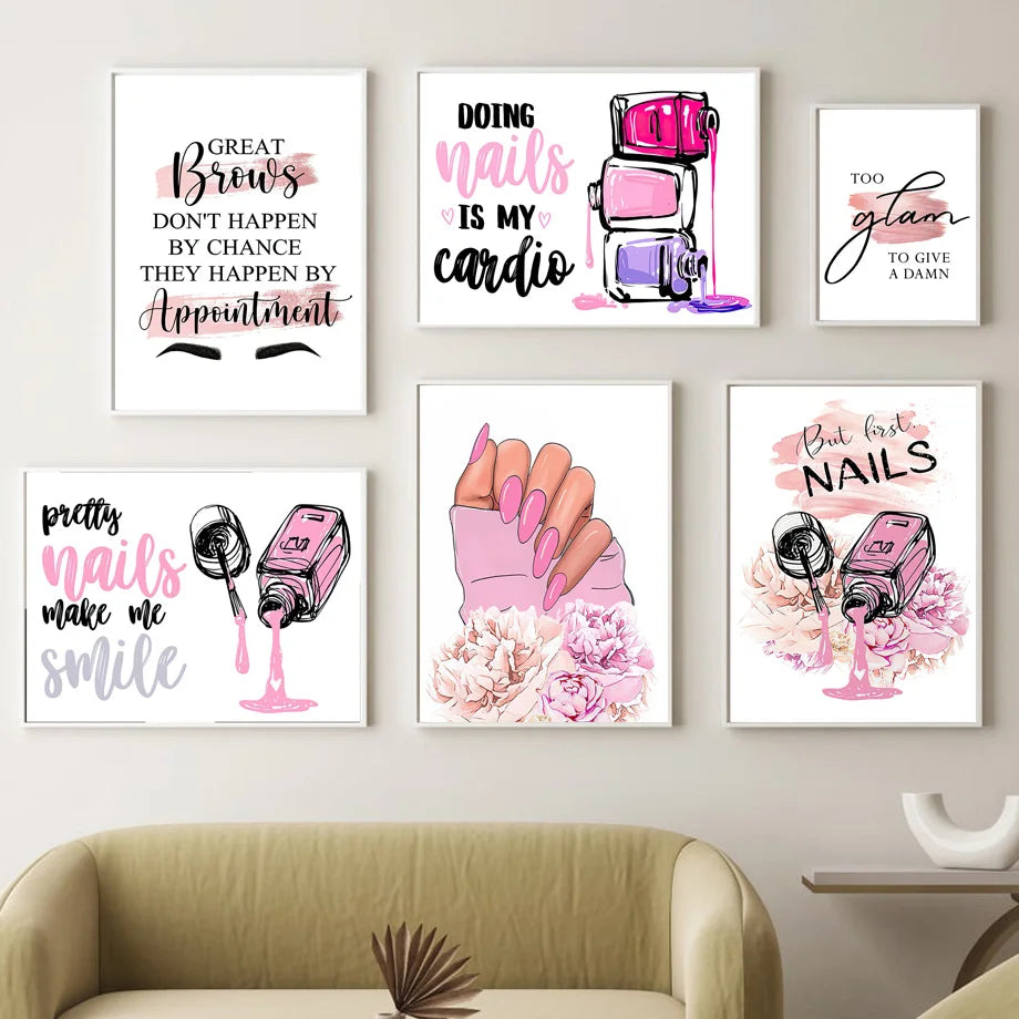 Nail Polish Wall Posters Eyelash Art Prints Pictures Beauty Salon Mural Nordic Manicure Canvas Painting Store Pink Room Decor