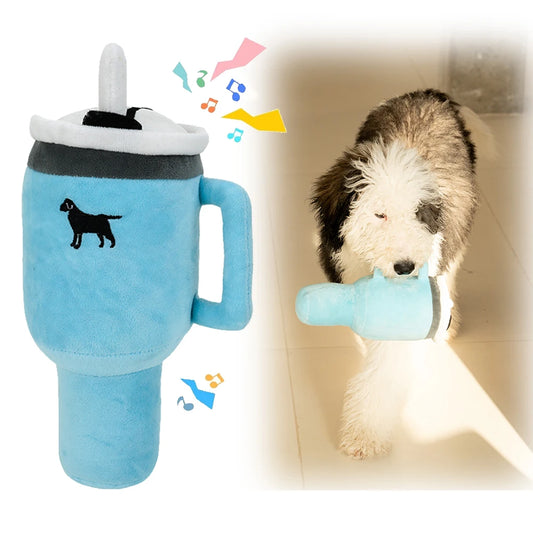 31cm Tall Squeaky Puppy Cup Plush Dog Toy with Handle and Straw Soft and Stylish Cup Shape Pet Toy for Small and Medium Dogs