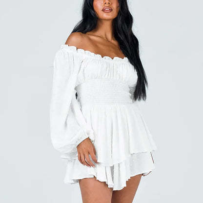 Ladies Ruffled Layered Chiffon Culottes Long Sleeve Crew Neck Off Shoulder Swing Mini Flowy Cotton Romper Dress Solid White 2024