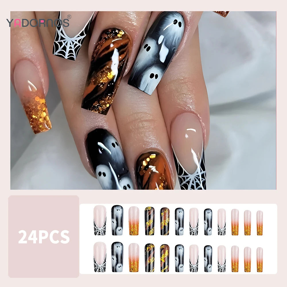 Halloween Press on Nails Long Coffin White Ghost Spider Web Designs Full Cover Fake Nails French Style Black False Nails Patches