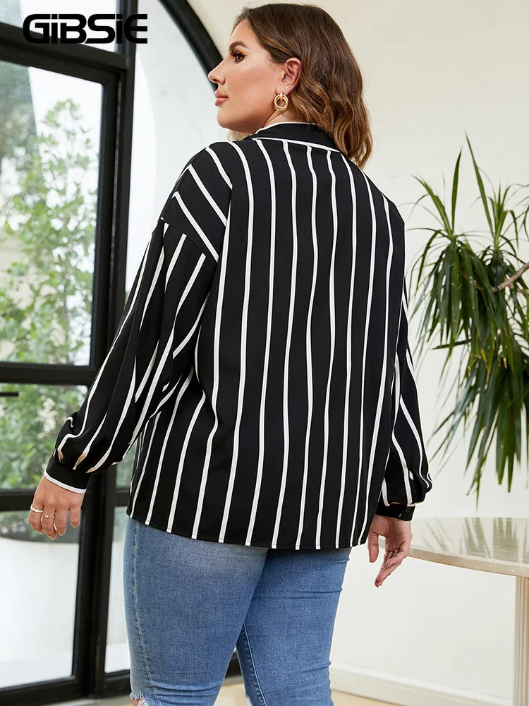 GIBSIE Plus Size Women Shirt 2023 Striped Long Sleeve Button Up Blouse Big Size Women Spring Fall Casual Korean Shirt Tops