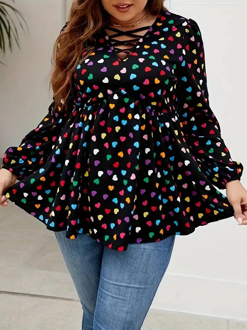 GIBSIE Plus Size Heart Print V Neck Peplum Blouse Women Spring Fall Sweet Casual Long Sleeve Female Ruffle Hem Blouses Tops 2024