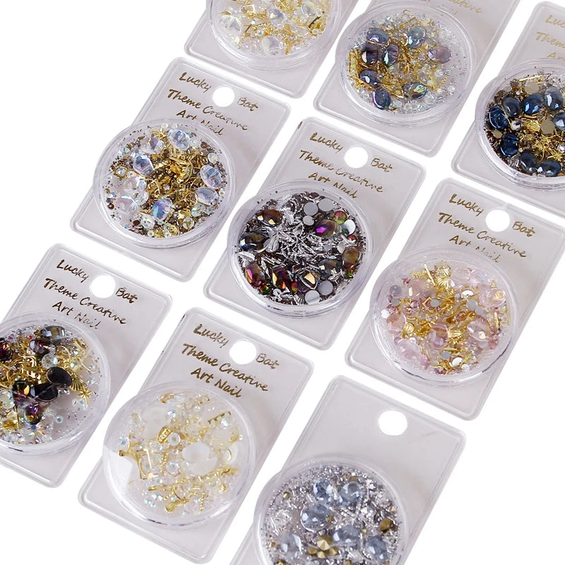 Box of Mixed 3D Rhinestones for Nail Art Decorations, Sparkle Crystal Gems Nail Jewelry Caviar Beads Charms Manicure Accessories