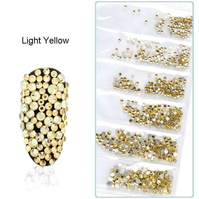 1728 Pcs/bag SS4-SS12 6-Sizes Mixed Round Nail Drill Adhesive Flat-bottomed Crystal Glass Mobile Phone Case Iron Diamond Mater