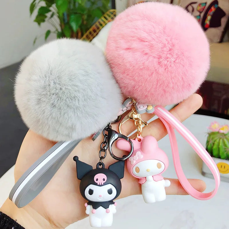 Hello Kitty Sanrio Kuromi Penguin Frog Dog Cat Cute Keychains with Fluffy Rabbit Fur Ball Women Girl Bag Pendant Keyring Gifts