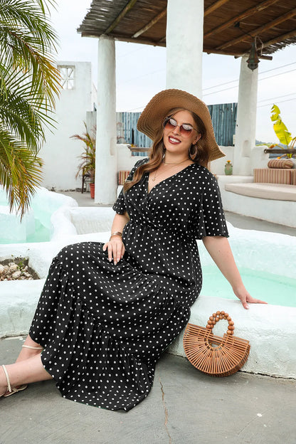 GIBSIE Plus Size Polka Dot V-Neck Butterfly Sleeve Dress Women Summer 2024 Holiday Beach Vintage Ruffle Hem Maxi Long Dresses