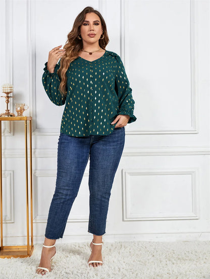 GIBSIE Plus Size Gold Print Frill Trim V-Neck Blouse Women Spring Fall Buttons Casual Long Sleeve Ladies Tops And Blouses 2023