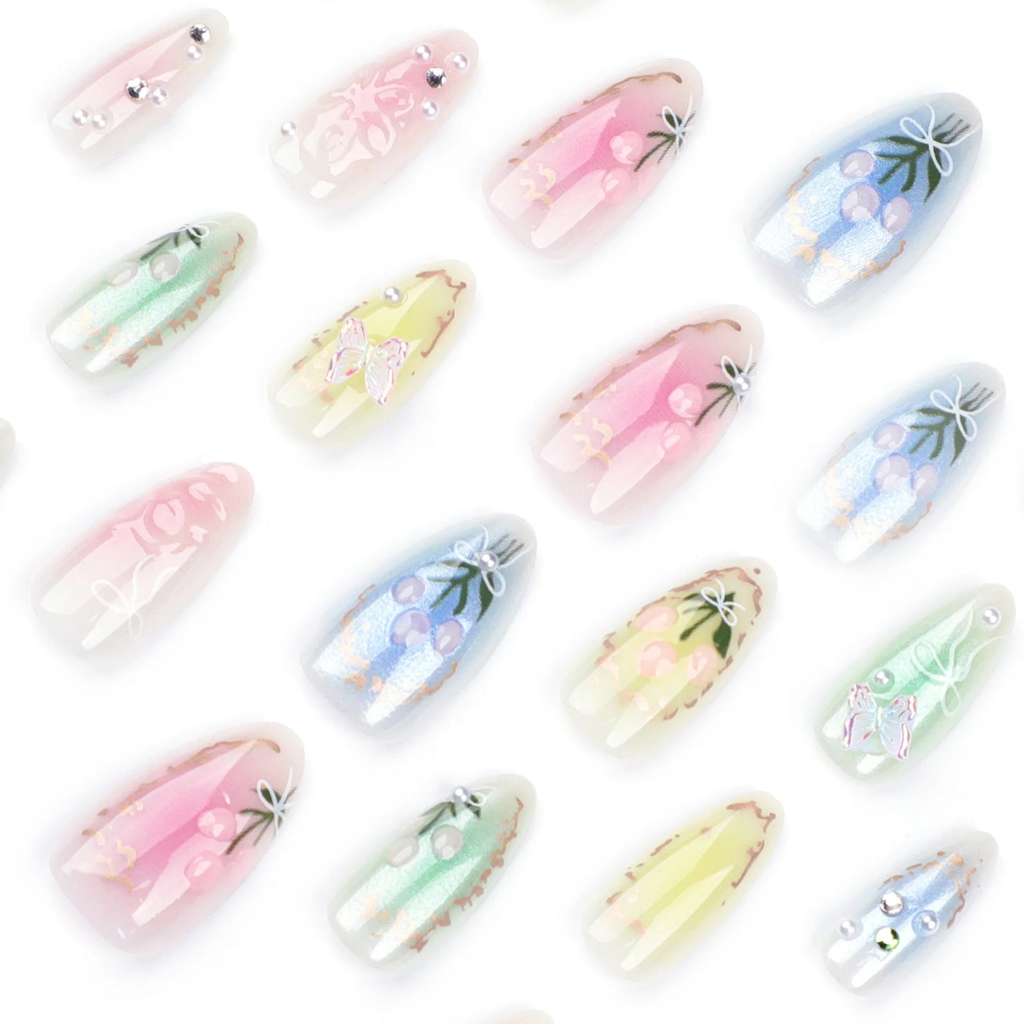 24pcs Short Almond Press on Nails 3D Flower Butterfly Fake Nails with Glue Colorful Natural Acrylic False Nails Full Cover Nails