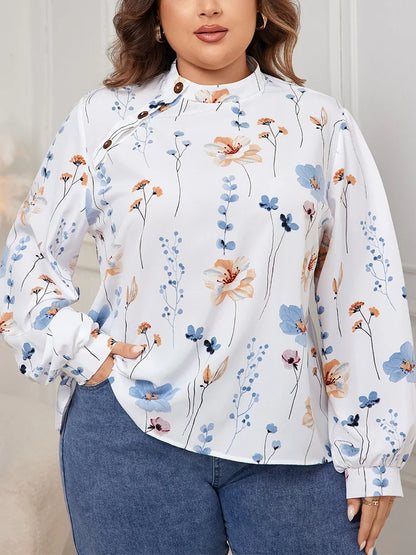 GIBSIE Plus Size Stand Collar Button Blouse Women Fashion Autumn Floral Print Casual Long-sleeved Shirt Tops Female