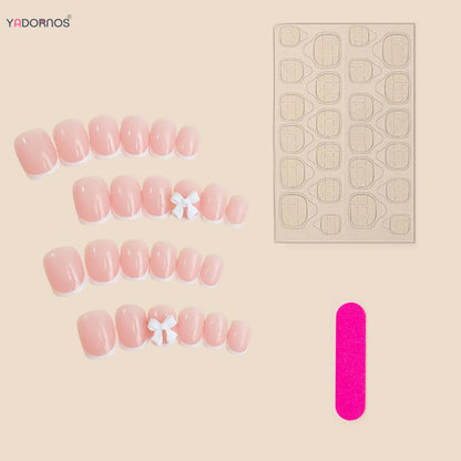 White French Press on Nails 3D Bowknot Fake Nails Tips Full Cover Wearable False Nails for Women and Girls DIY Manicure 24Pcs