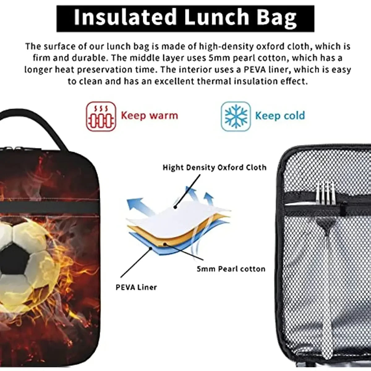 Soccer Lunch Box for Boys Girls Lunch Bag for Kids Waterproof Reusable Insulated School 3D Football Lunch Box with Side Pocket