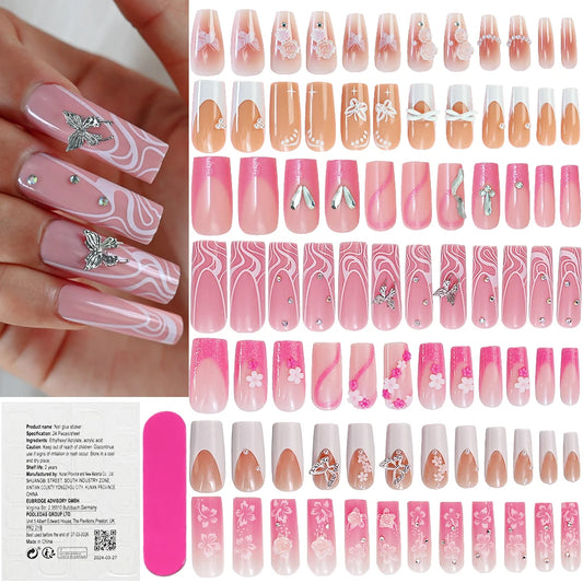 24Pcs/Lot Wearable False Nails With Rhinestone Charms Long Ballerina Pink Press On Nails French Coffin Full Cover Fake Nail Tips