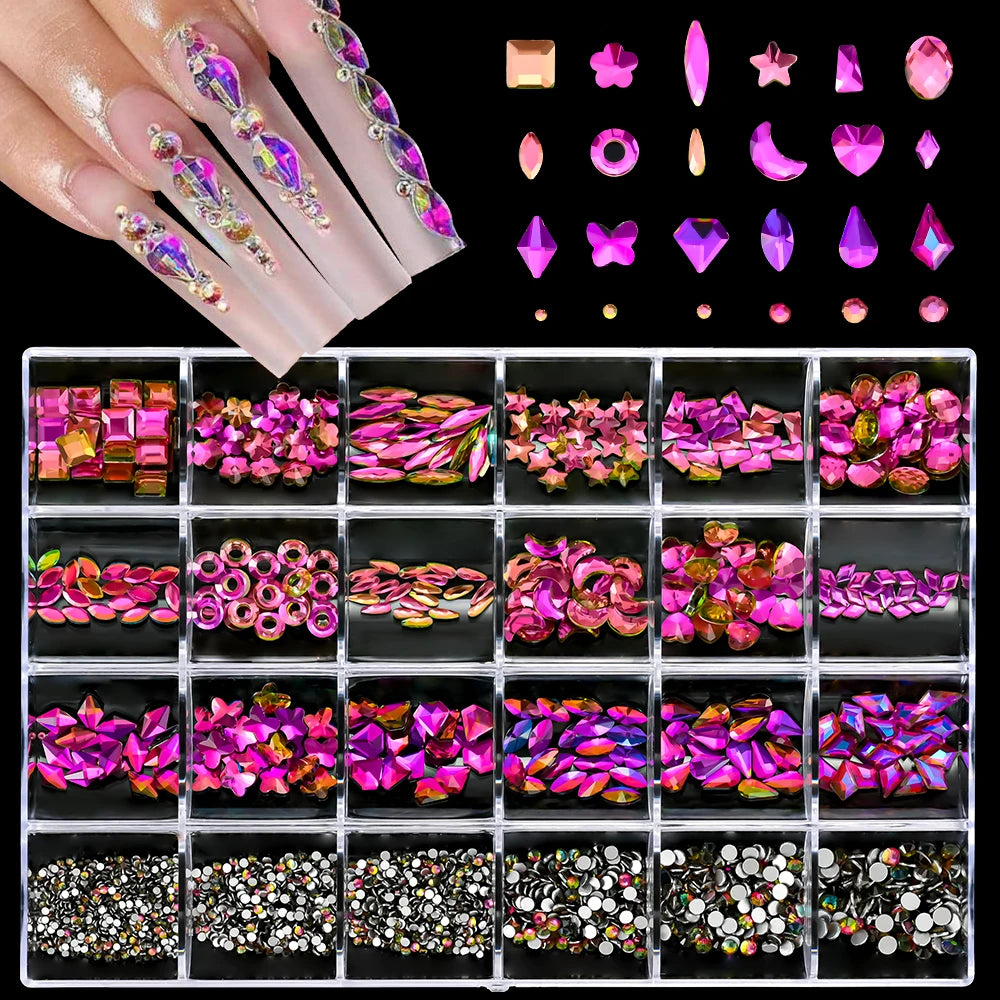 2000PCS Luxury Shiny Diamond Nail Rhinestones Pink/Gold/Black Crystal Nail Decoration Box Nail Charms Square/Round/Multi-shaped