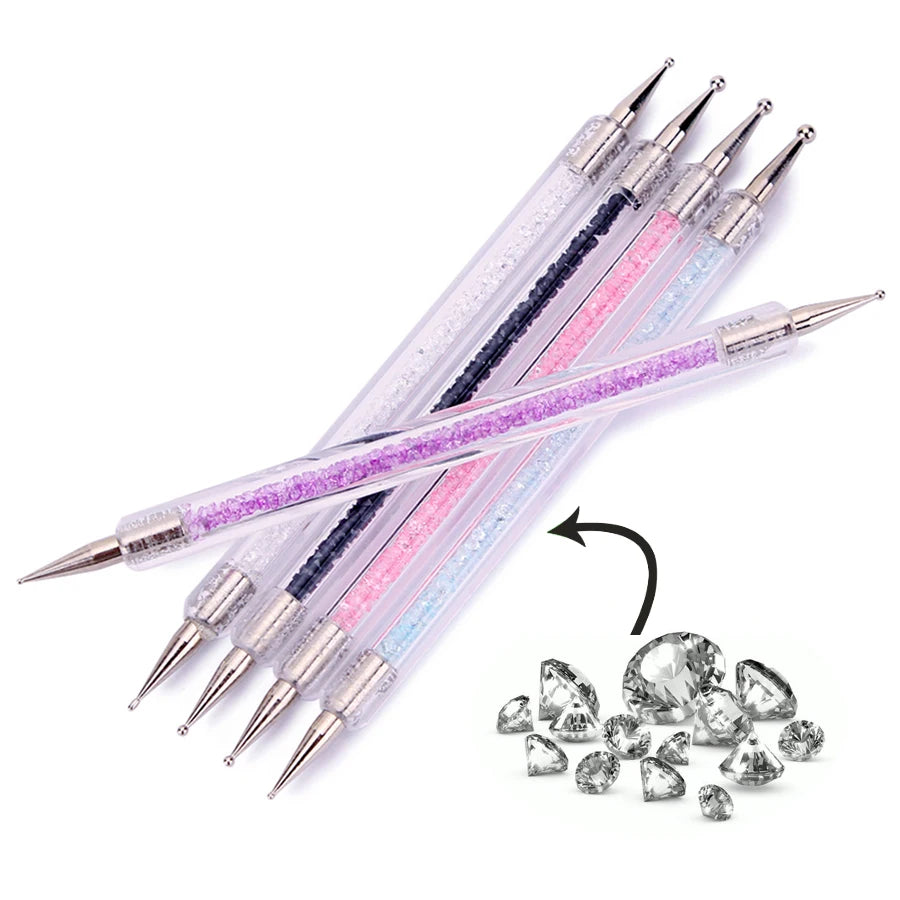 Nail Art Dotting Pen Set, UV Gel Painting, Acrylic Handle, Rhinestones Crystal, 2 Way Brush, Salon Manicure Tools, 5 Pcs