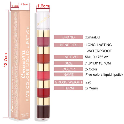 Matte Lipstick 5-in-1 Lipstick Set Highly Pigmented Waterproof Lasting Combination Lip Gloss Makeup Non-Stick Liquid Lipstick