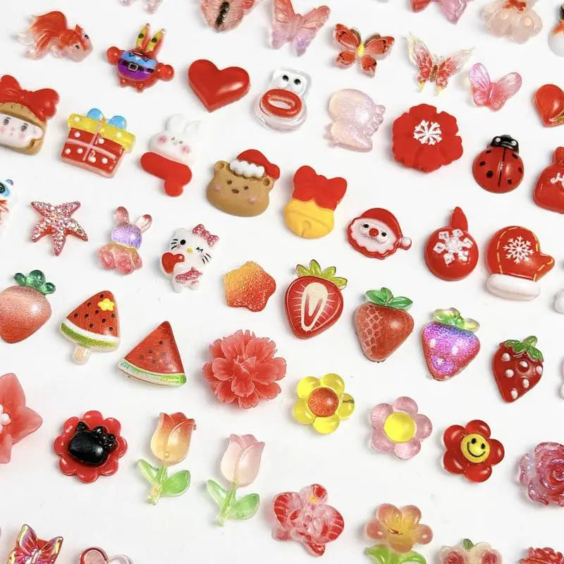 50pcs Random Mixed Resin Heart Flower Butterfly  Nail Charms Cartoon Animal Fruit Series Nail Art Decoration DIY Manicure