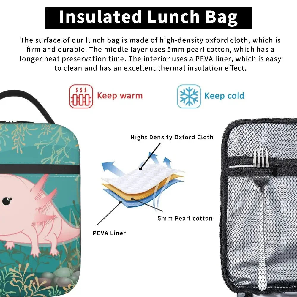 Axolotl In Pocket Insulated Lunch Bags for Women Amphibian Exotic Animal Resuable Thermal Cooler Bento Box Kids School Children