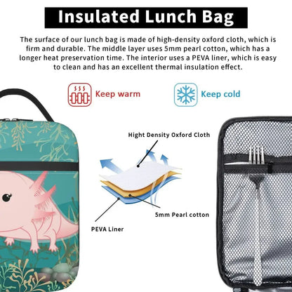 Axolotl In Pocket Insulated Lunch Bags for Women Amphibian Exotic Animal Resuable Thermal Cooler Bento Box Kids School Children