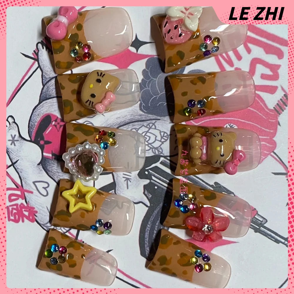 Kawaii Duck-bill Shape French Press on Nails Hello Kitty Leopard Print Hawaiian Black Bark KT Handmade Full Cover Nail Tips Gift