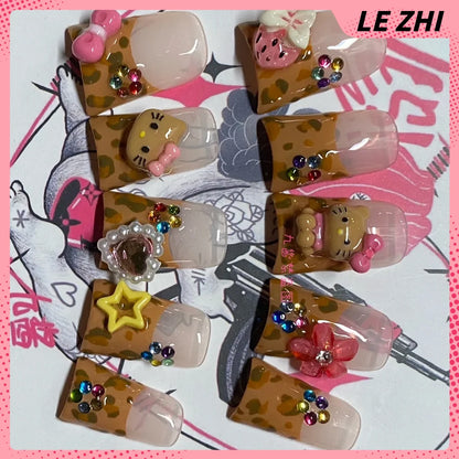 Kawaii Duck-bill Shape French Press on Nails Hello Kitty Leopard Print Hawaiian Black Bark KT Handmade Full Cover Nail Tips Gift