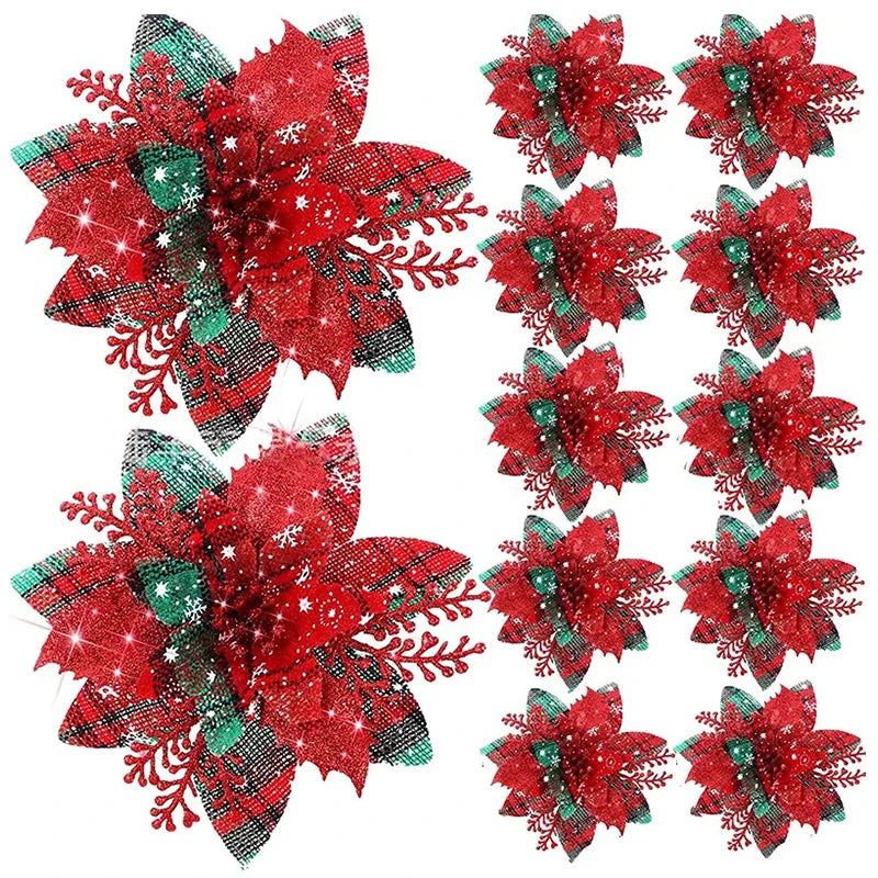 5/10Pcs Glitter Pink Christmas Flowers Xmas Tree 14cm Artifical Flower Ornaments 2024 Christmas Decoration For Home New Year