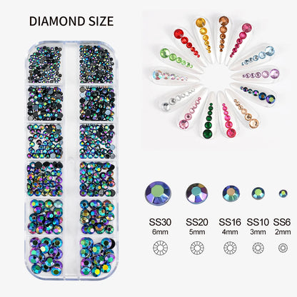 12Grids SS6-SS30 Mixed Nail Rhinestones Clear/Gold/AB Diamond Nail Gems  Flat-back Glass Stones Nail Charms with Wax Pen Picker