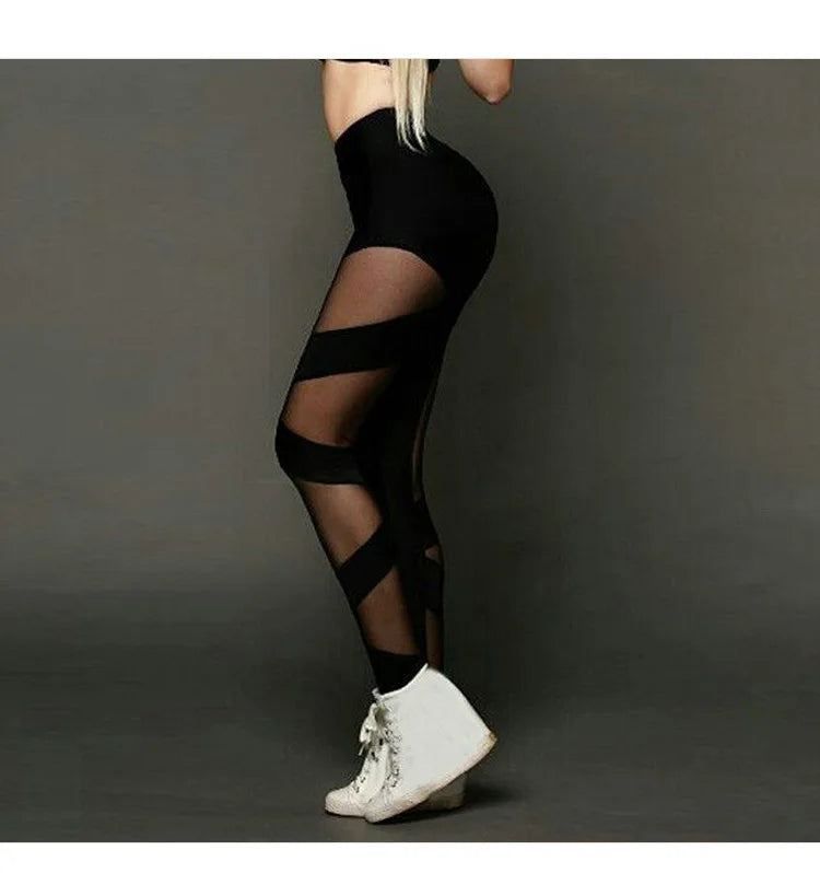 High Waist Women Leggings Mesh Stitching Cross Sports Pants Sexy See-Through Mesh Yoga Pants High Elastic dance Nightclub pants