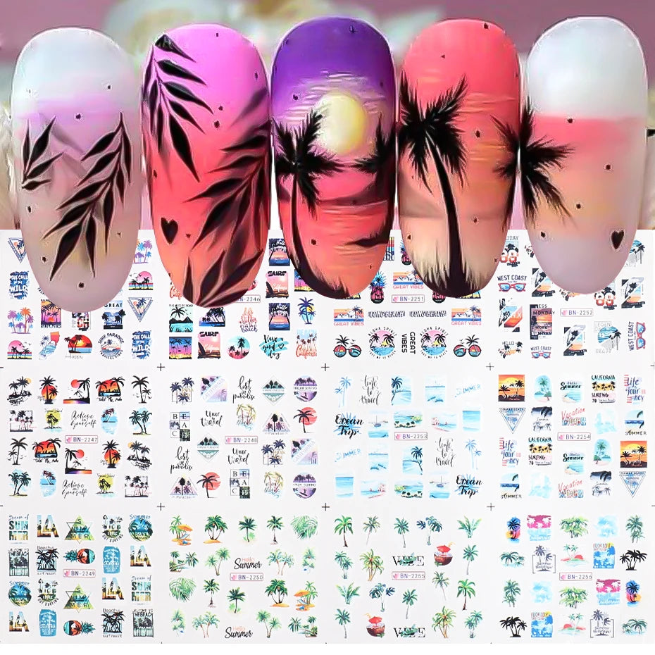 Palm Coconut Tree Summer Theme Nail Water Stickers Leaf Sea Sunset Tropical Style Water Transfer Decals Holiday Manicure Tattoos