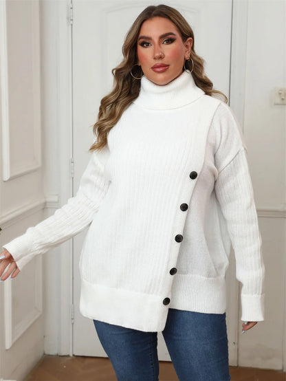 GIBSIE Plus Size Women's Turtleneck Sweater Autumn Winter Drop Shoulder Button Casual Warm Pullover Female White Knitted Jumper