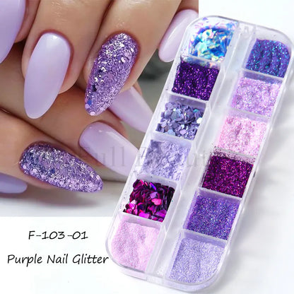 12 Grids Purple Nail Glitter Holographic Fine Sugar Nail Powder Mixed Heart Hexagon Paillette Nail Flakes Shiny Manicure Decor