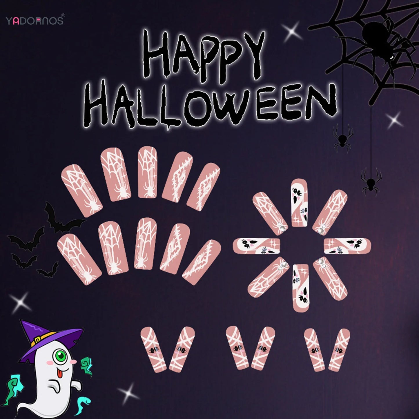 Halloween Pink Press on Fake Nails Long Coffin Square Head False Nails White Ghost Spider Web Designs Women Full Cover Nail Tips