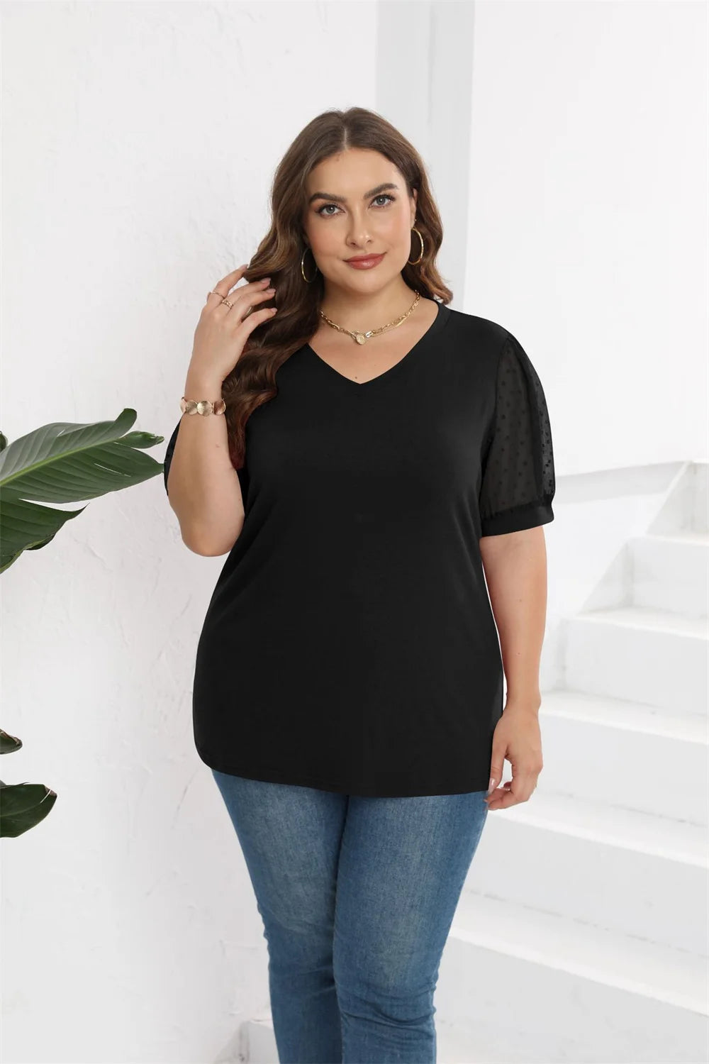 GIBSIE Plus Size Solid V-neck Swiss Dot Puff Short Sleeve T Shirt Women 2023 Fashion Summer Loose Casual Female T-Shirts Tops