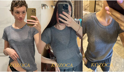 Kozoca 100% Wool Chic White Elegant Striped See Through Women Tops Outfits Short Sleeve T-Shirts Tees Skinny Club Party Clothes