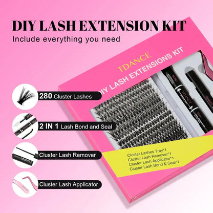 TDANCE 280PCS DIY Mix Clusters Kit 30D/40D Lash Bond and Seal and Remover Accessories Self-Grafting EyeLashes Extension At Home