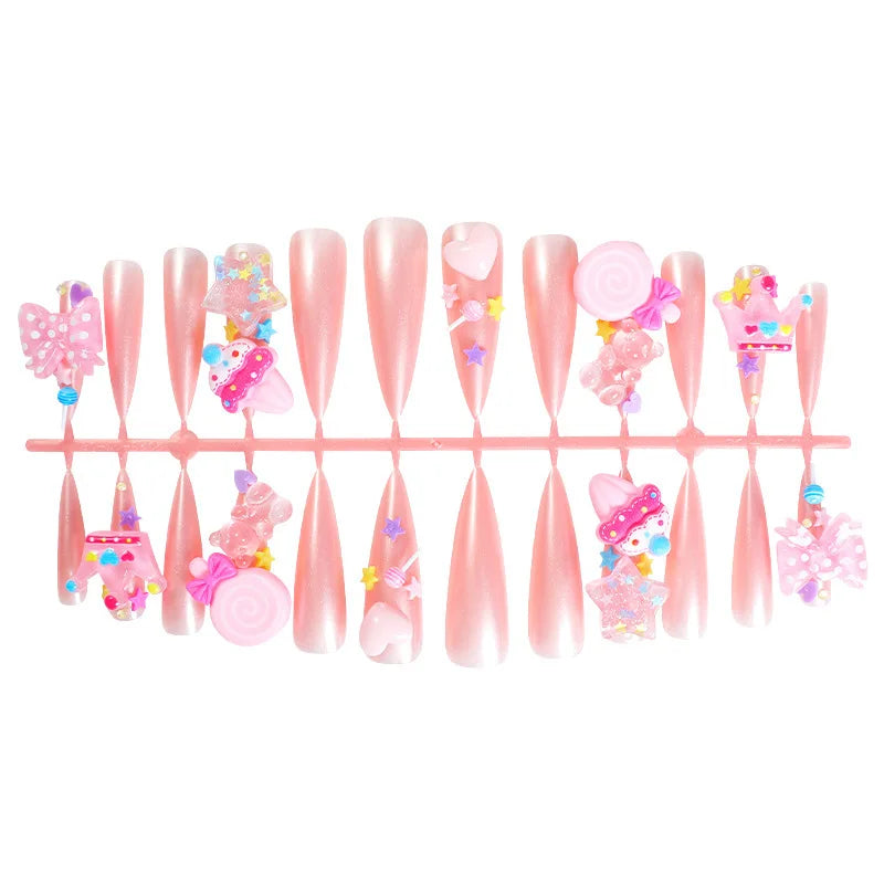 24pcs 3D Resin Candy Bow Star Decor False Nails Long Ballet Pink Press on Nails for Girls Full Cover Wearable Fake Nail Patches