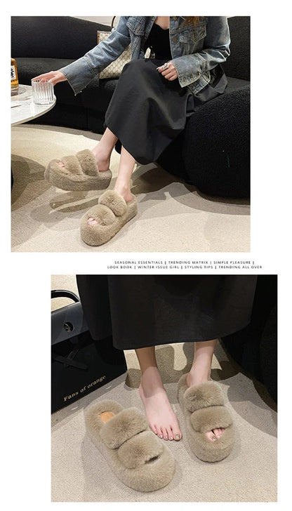 Woman Furry Ladies Fur Luxury Fluffy Plush Slipper House Soft Fuzzy Platform Indoor Casual Winter Home Warm High Heels Female