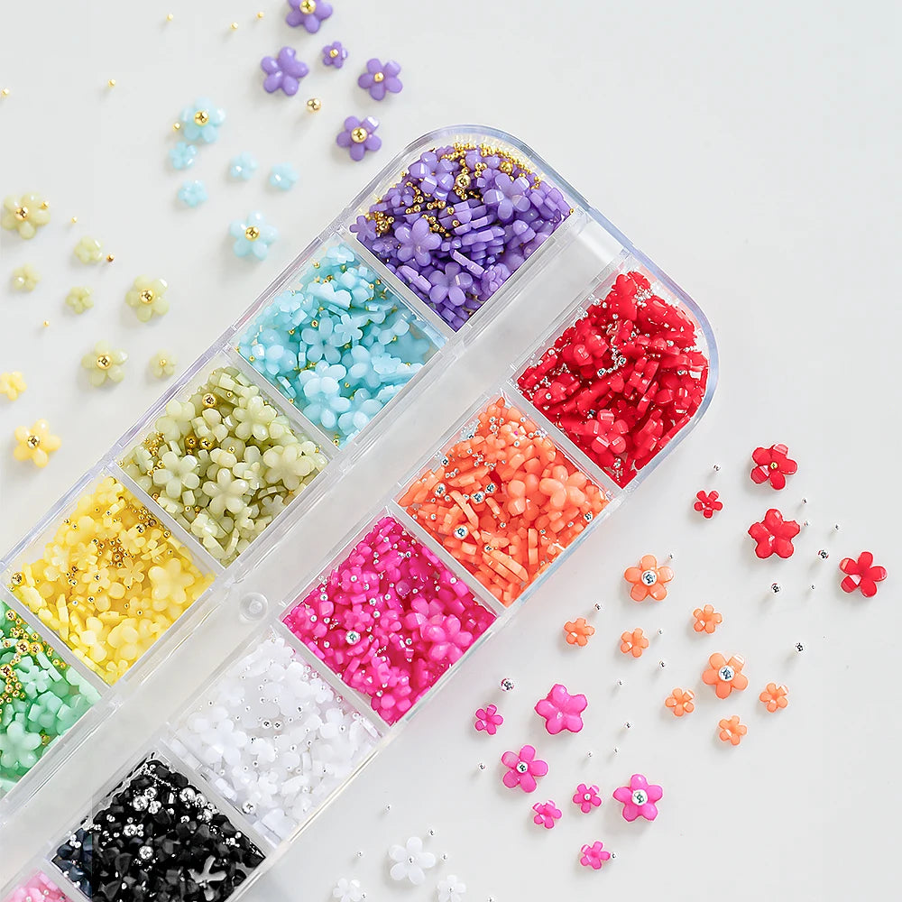 12/15Grids Acrylic Flower Nail Charms Mix Colors Set 3D Flower Nail Art Rhinestones Mixed Blossom Spring Gems DIY Nail Supplies