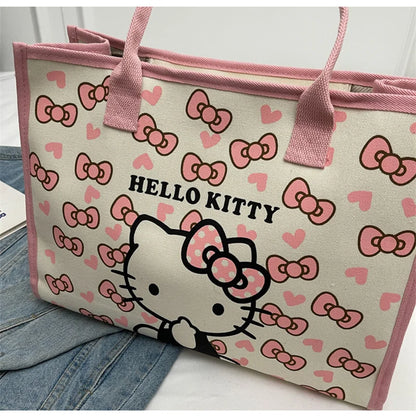 Hello Kitty All Match Retro Canvas Bag Women Commuter Shoulder Handbag Girl Student Large Capacity Cartoon Schoolbag