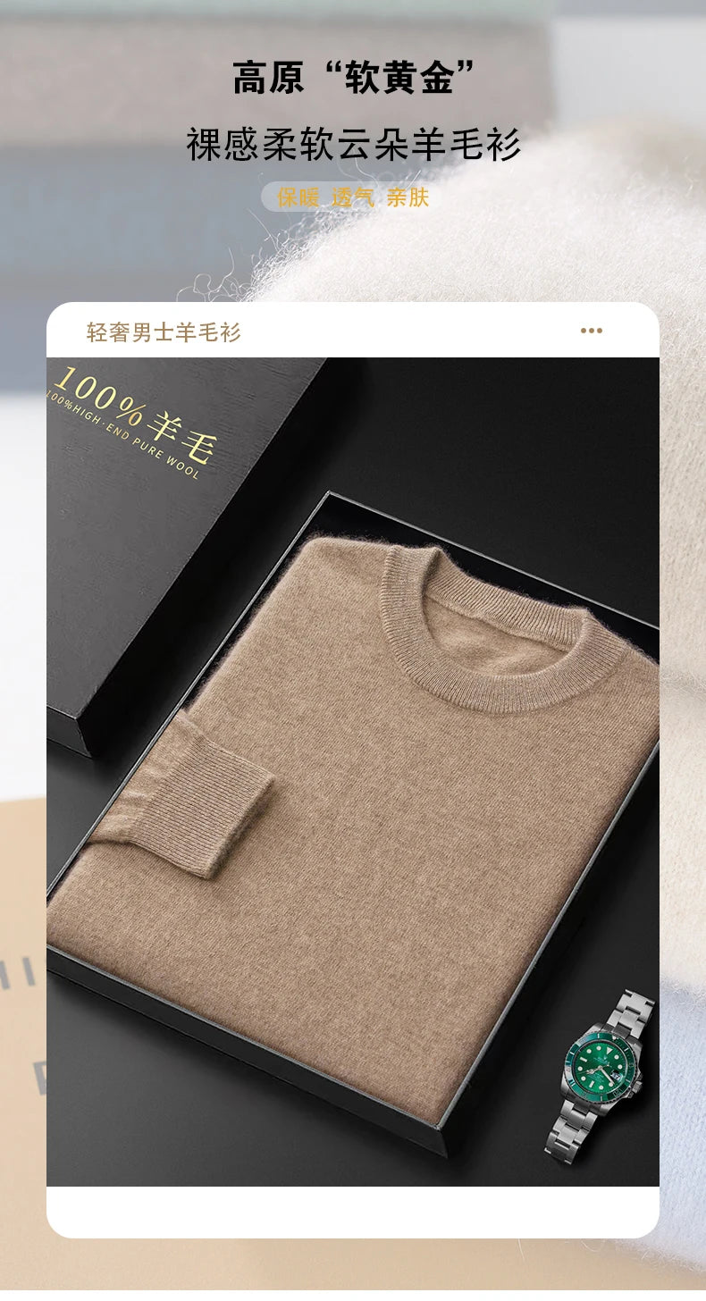 Fall/Winter New Cashmere Sweater Men's 100% Pure Wool Thick Crewneck Sweater Casual Knitted Bottom Shirt