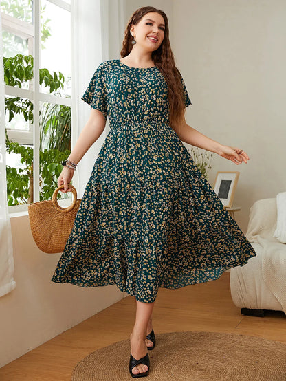 GIBSIE Plus Size Ditsy Floral O-Neck Ruffle Hem Dress Women Holiday Boho Summer Short Sleeve Elastic A-line Casual Long Dresses