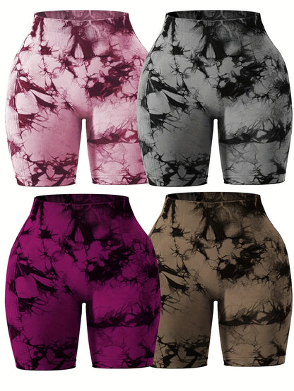 4 Pack High Waist Women's Sports Shorts, Tie Dye Seamless Breathable Comfortable Sportswear, Gym Yoga Shorts