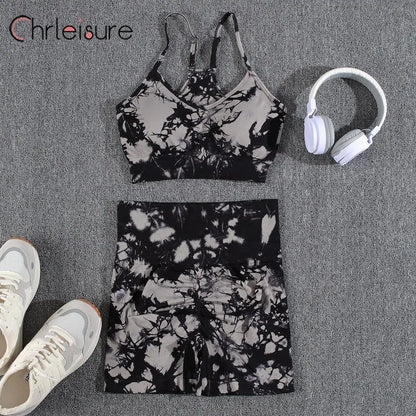 CHRLEISURE Yoga Shorts Set Tie Dye Women Seamless Summer Bra Set High Waist Fitness New Sportswear Printing Yoga Short Pants Set