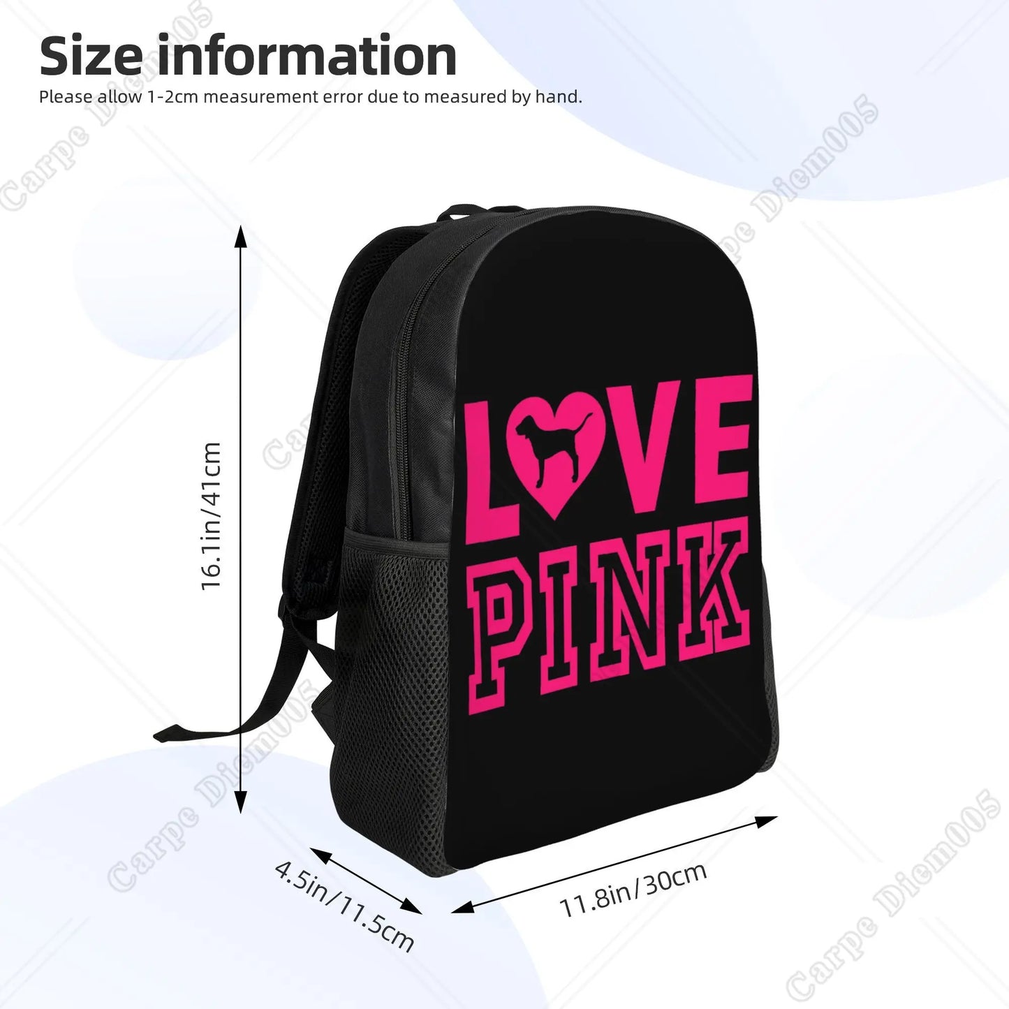 Love Dog Pink Large Backpack School Bag Cute Bags for Women Men for Outdoor Travel Camping Hiking Fits 15 Inch Laptop Zipper